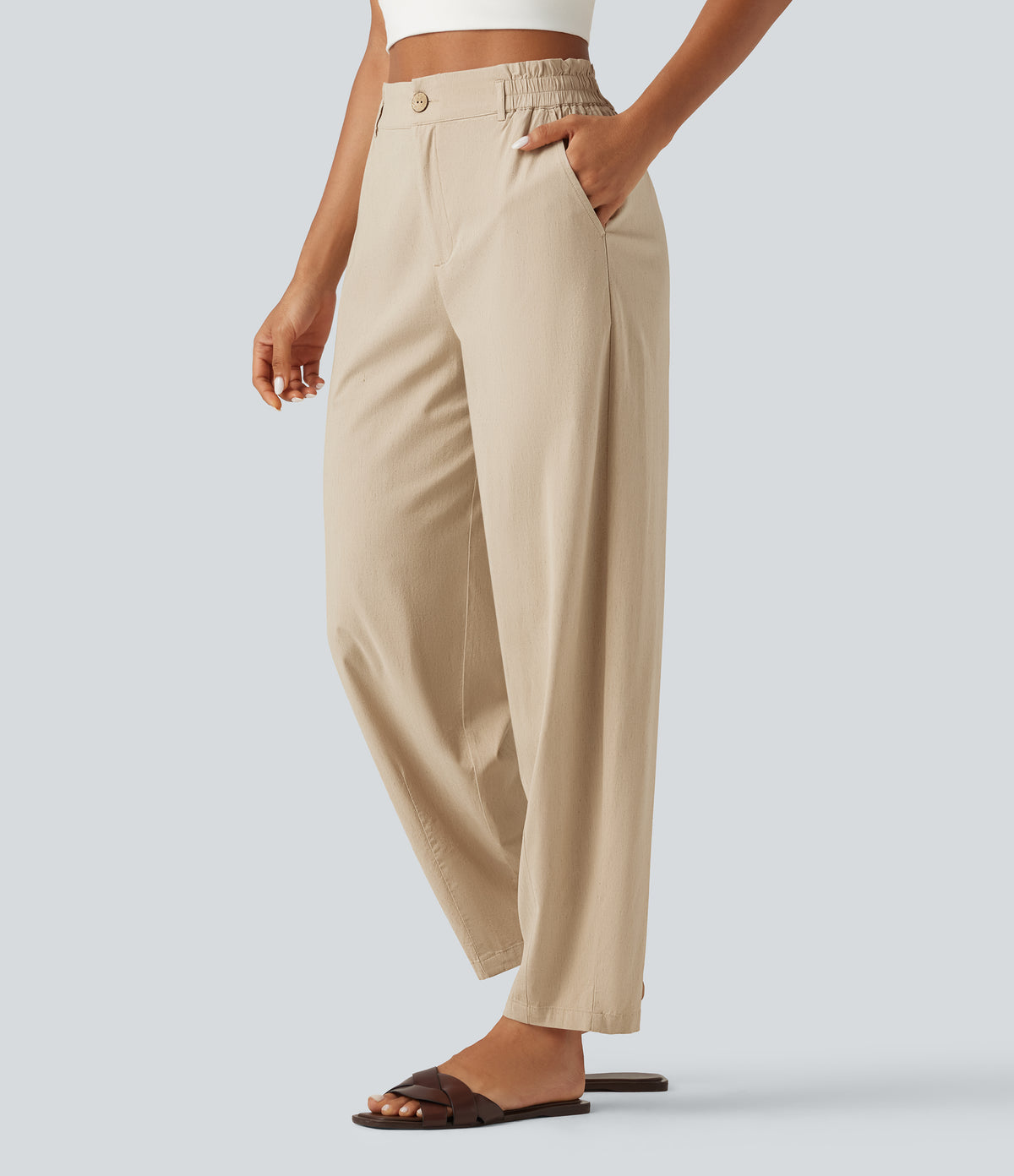 High Waisted Tapered Casual Stretch Linen Trousers with Pockets — Oatfield Cream — view 3