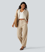 High Waisted Tapered Casual Stretch Linen Trousers with Pockets — Oatfield Cream — view 6