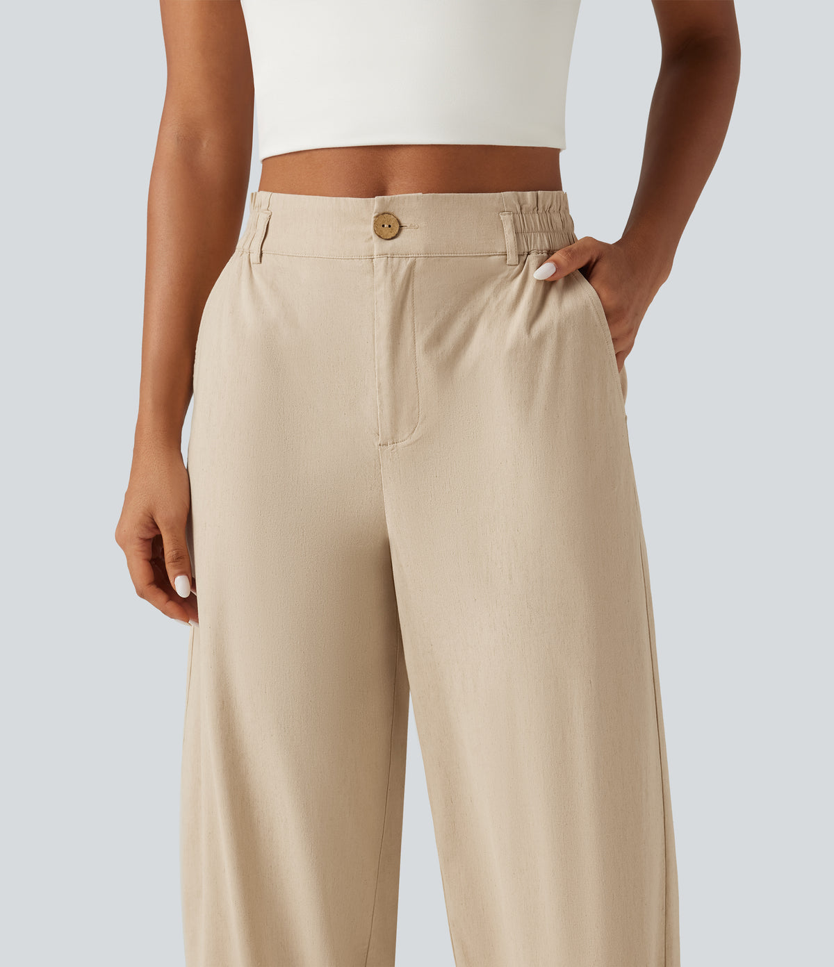 High Waisted Tapered Casual Stretch Linen Trousers with Pockets — Oatfield Cream — view 4