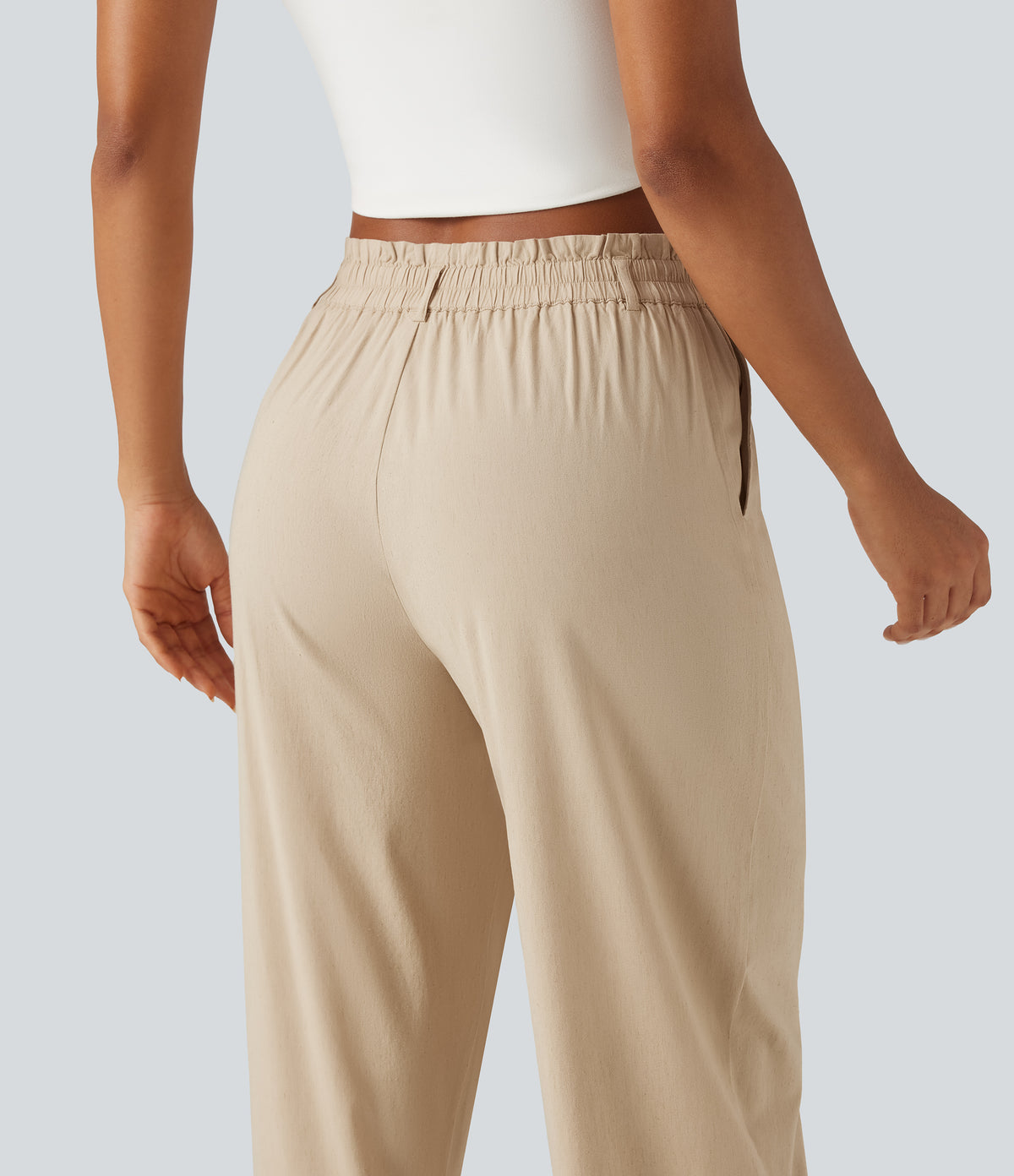 High Waisted Tapered Casual Stretch Linen Trousers with Pockets — Oatfield Cream — view 5