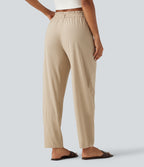 High Waisted Tapered Casual Stretch Linen Trousers with Pockets — Oatfield Cream — view 2