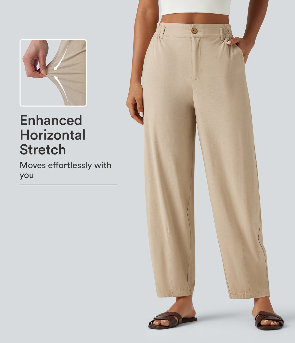 High Waisted Tapered Casual Stretch Linen Trousers with Pockets — Oatfield Cream — view 1