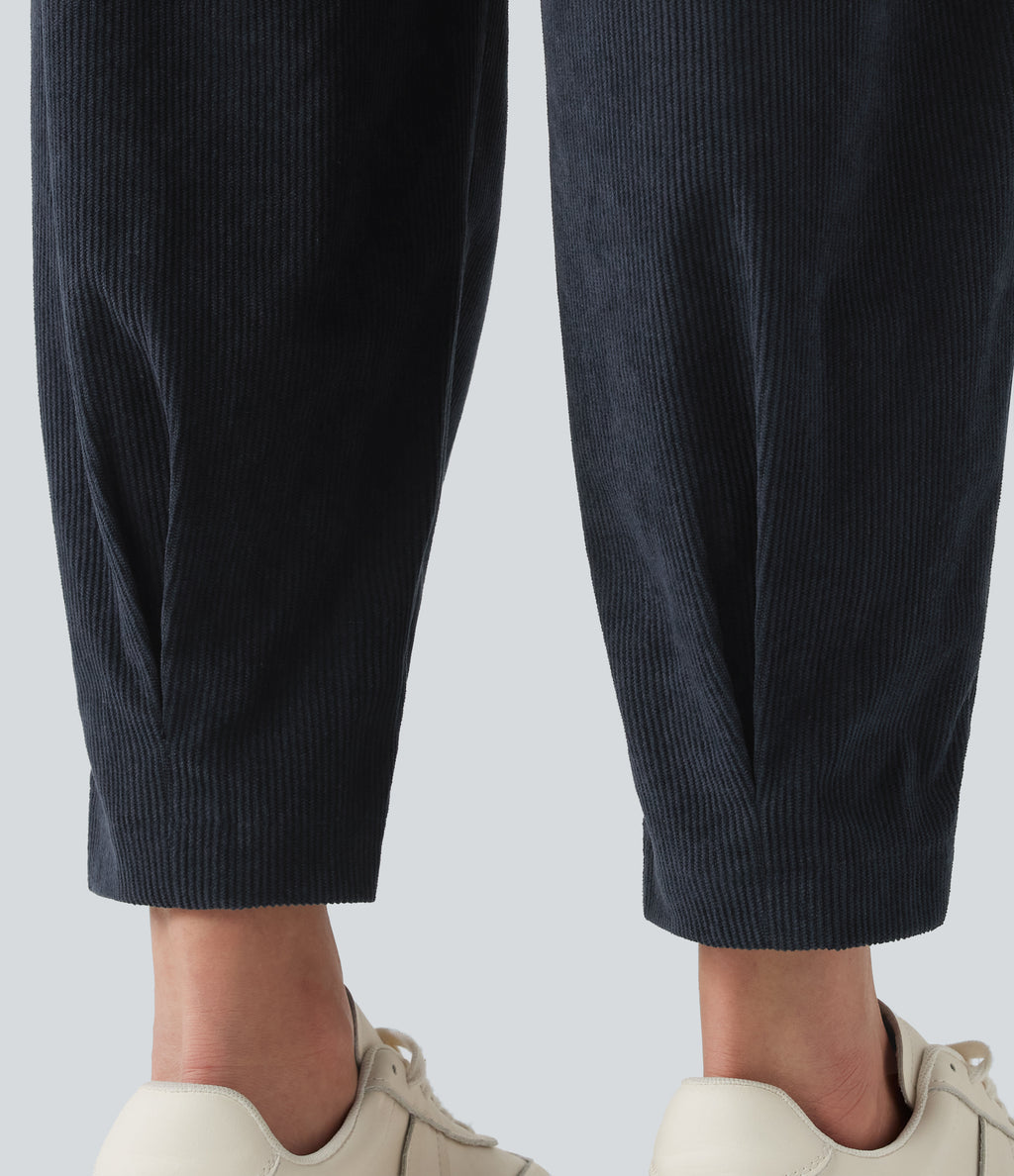High Waisted Tapered Corduroy Casual Trousers with Pockets — Baritone Blue — view 4