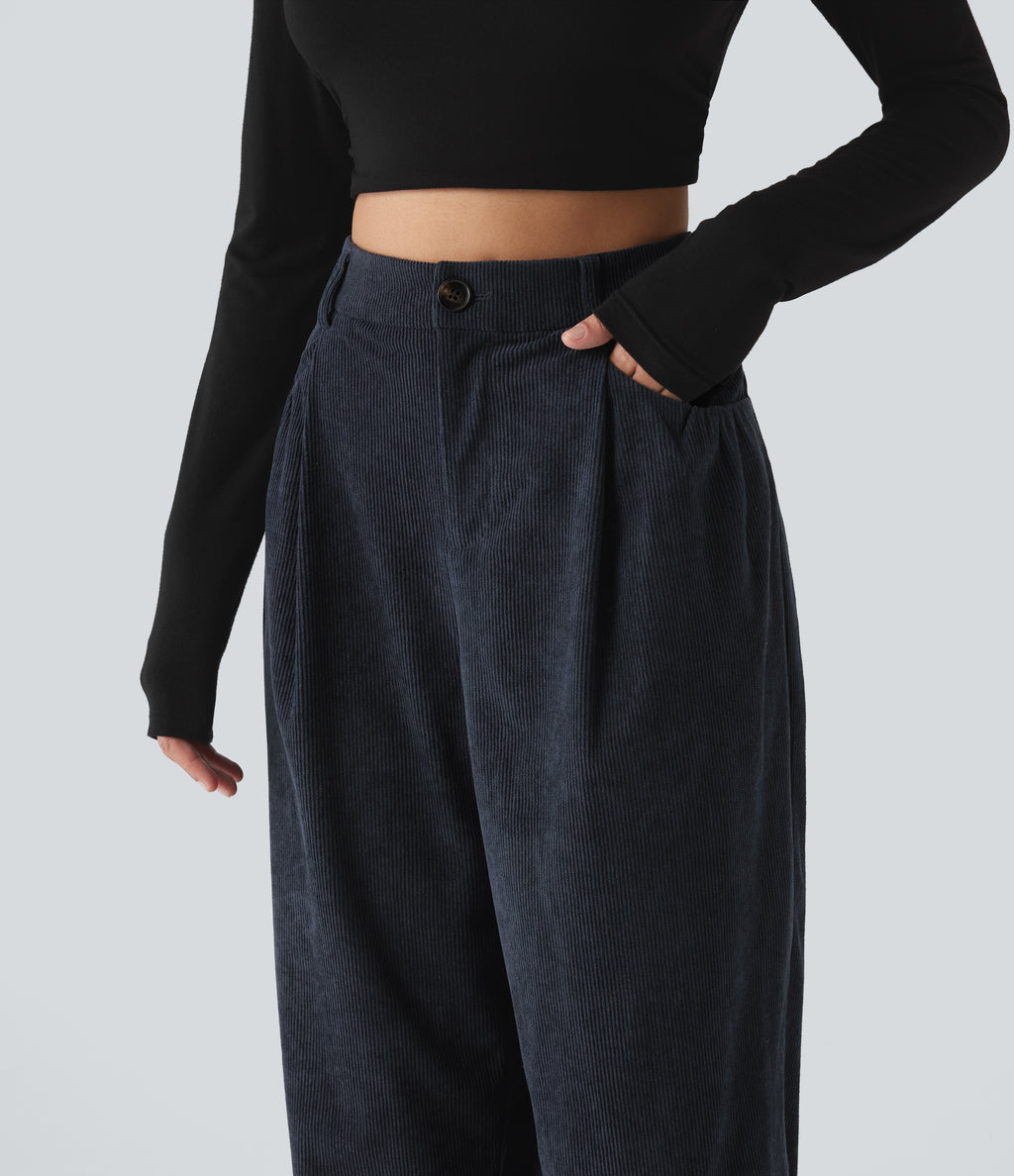 High Waisted Tapered Corduroy Casual Trousers with Pockets — Baritone Blue — view 5