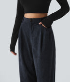 High Waisted Tapered Corduroy Casual Trousers with Pockets — Baritone Blue — view 5