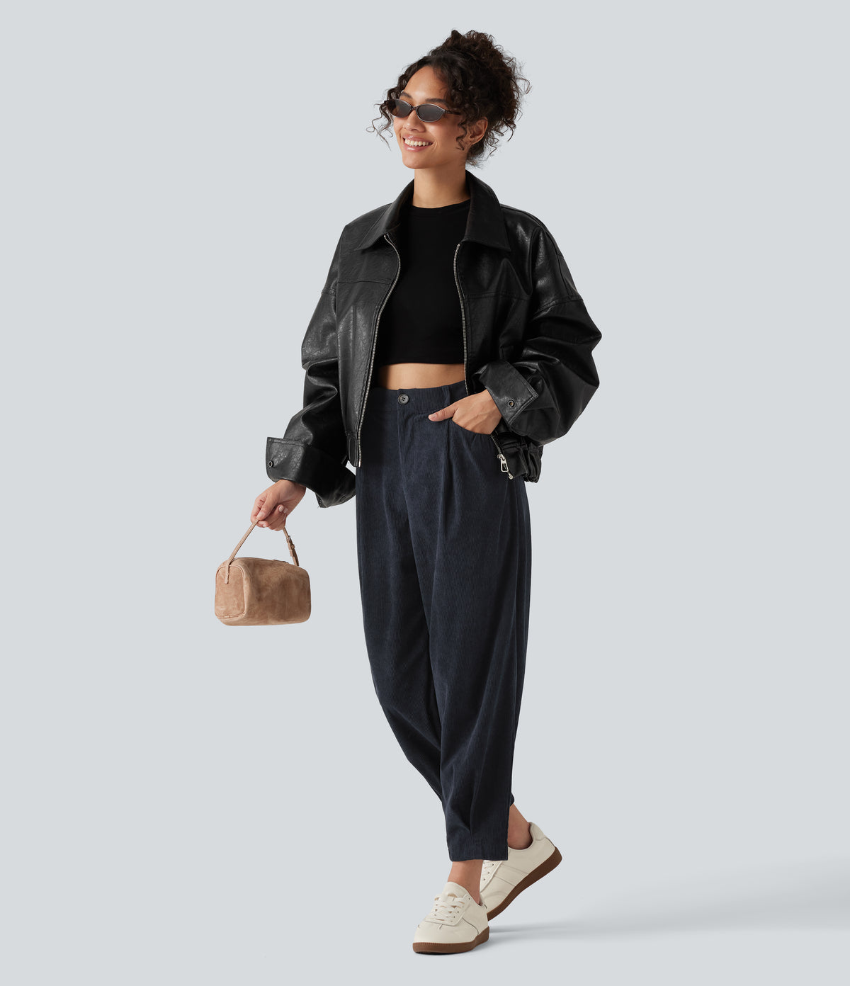 High Waisted Tapered Corduroy Casual Trousers with Pockets — Baritone Blue — view 6