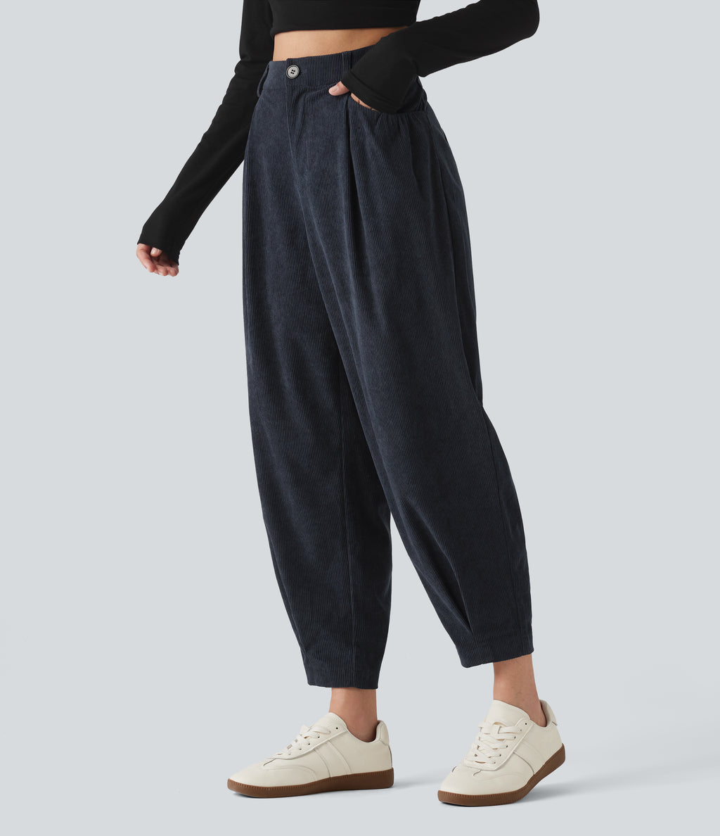 High Waisted Tapered Corduroy Casual Trousers with Pockets — Baritone Blue — view 3