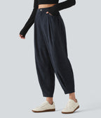 High Waisted Tapered Corduroy Casual Trousers with Pockets — Baritone Blue — view 3
