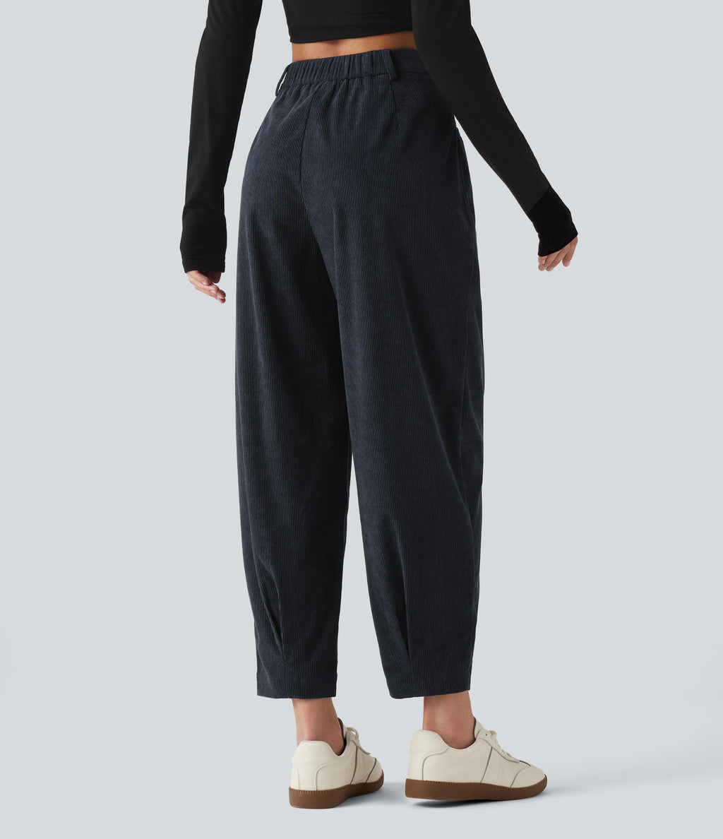 High Waisted Tapered Corduroy Casual Trousers with Pockets — Baritone Blue — view 2
