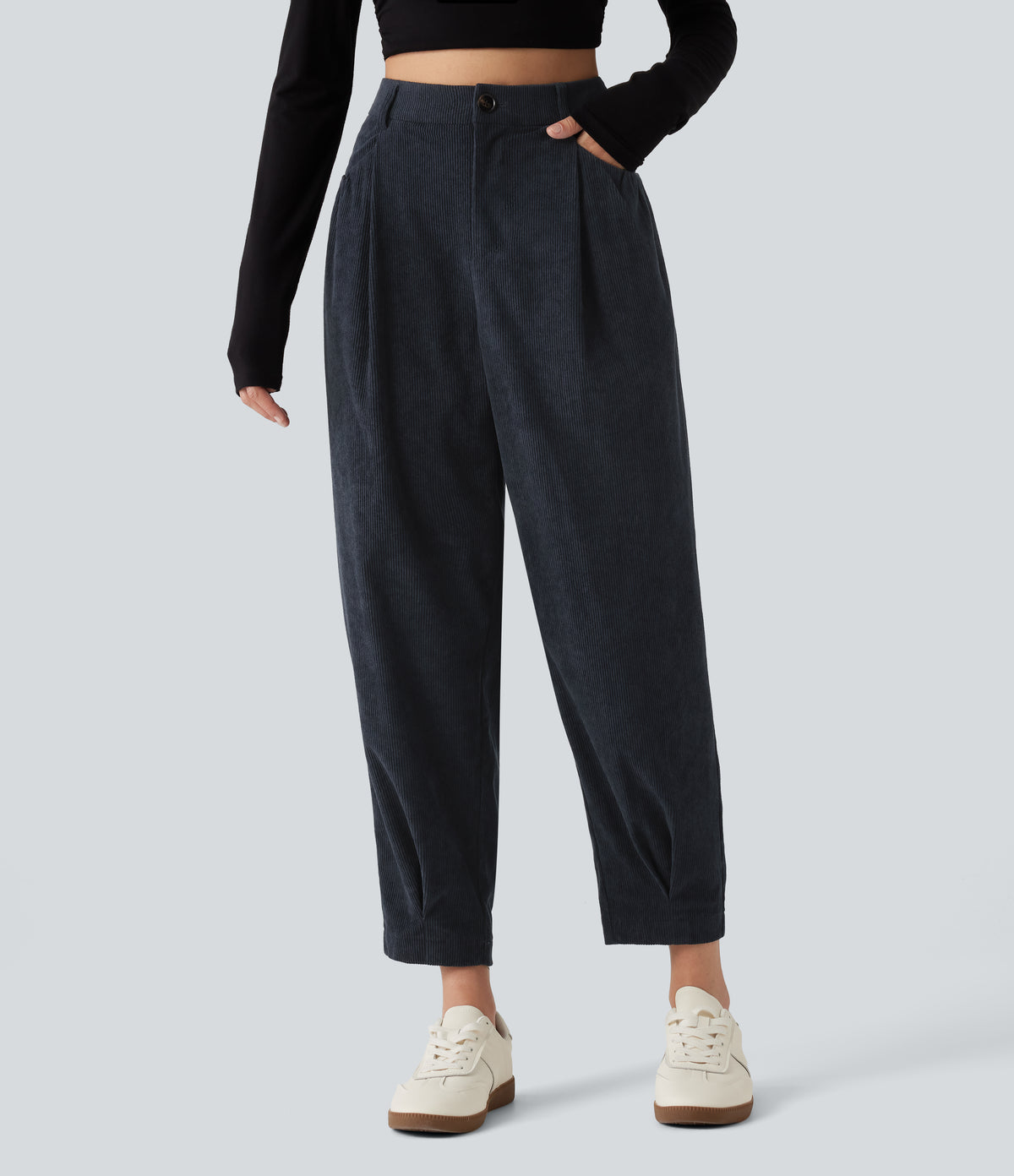 High Waisted Tapered Corduroy Casual Trousers with Pockets — Baritone Blue — view 1