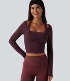 Long Sleeve Ruched Built-in Bra Cut-Out Back InstantCool Yoga Sports Top B-D Cups-UPF50+ — Fig — view 5