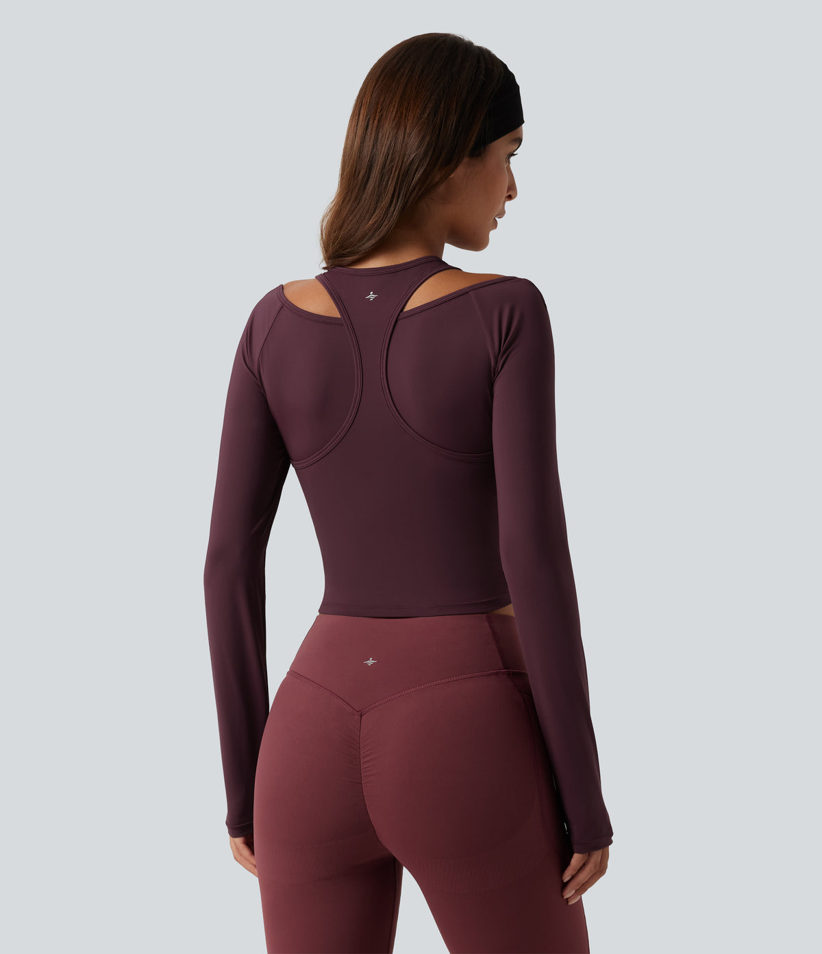 Long Sleeve Ruched Built-in Bra Cut-Out Back InstantCool Yoga Sports Top B-D Cups-UPF50+ — Fig — view 2