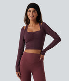 Long Sleeve Ruched Built-in Bra Cut-Out Back InstantCool Yoga Sports Top B-D Cups-UPF50+ — Fig — view 4