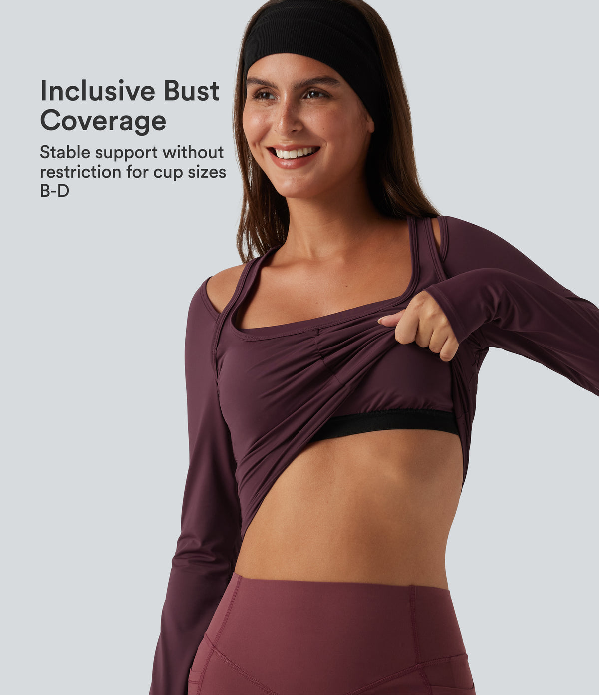 Long Sleeve Ruched Built-in Bra Cut-Out Back InstantCool Yoga Sports Top B-D Cups-UPF50+ — Fig — view 1