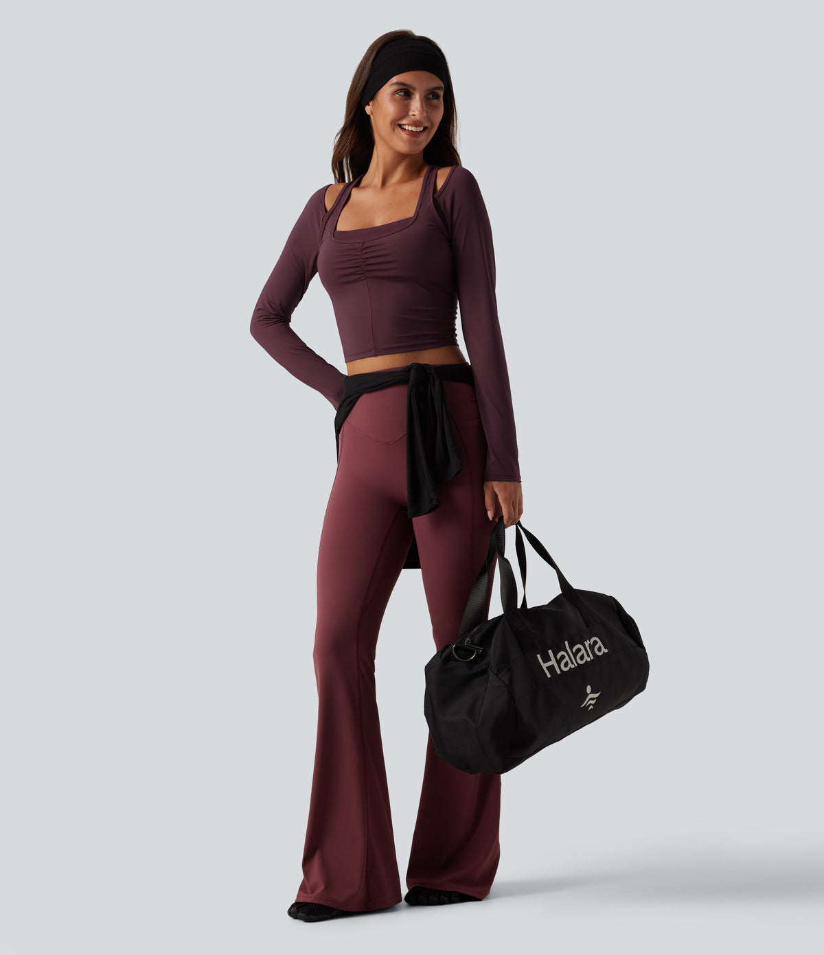 Long Sleeve Ruched Built-in Bra Cut-Out Back InstantCool Yoga Sports Top B-D Cups-UPF50+ — Fig — view 8
