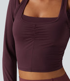 Long Sleeve Ruched Built-in Bra Cut-Out Back InstantCool Yoga Sports Top B-D Cups-UPF50+ — Fig — view 6