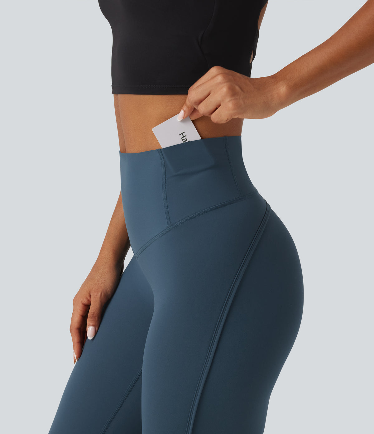 High Waisted Tummy Control Workout Leggings with Pockets — Majolica Blue — view 6