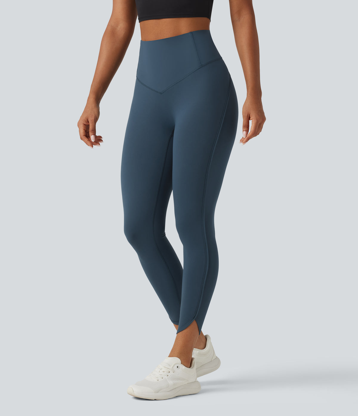 High Waisted Tummy Control Workout Leggings with Pockets — Majolica Blue — view 3