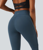 High Waisted Tummy Control Workout Leggings with Pockets — Majolica Blue — view 5