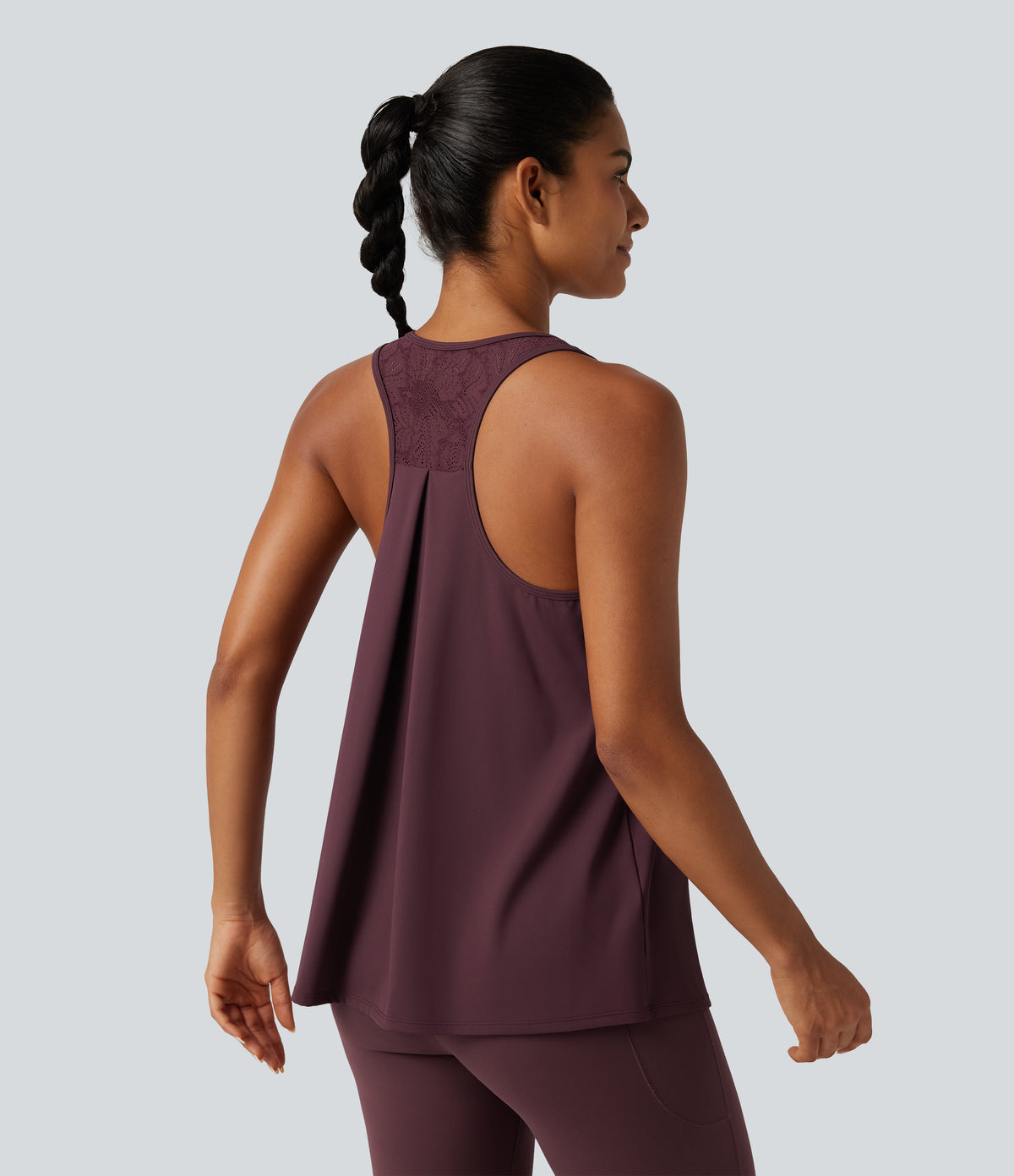 Airy U Neck Ruched Racerback Contrast Lace InstantCool Workout Tank Top-Longer Length — Berry Red — view 4