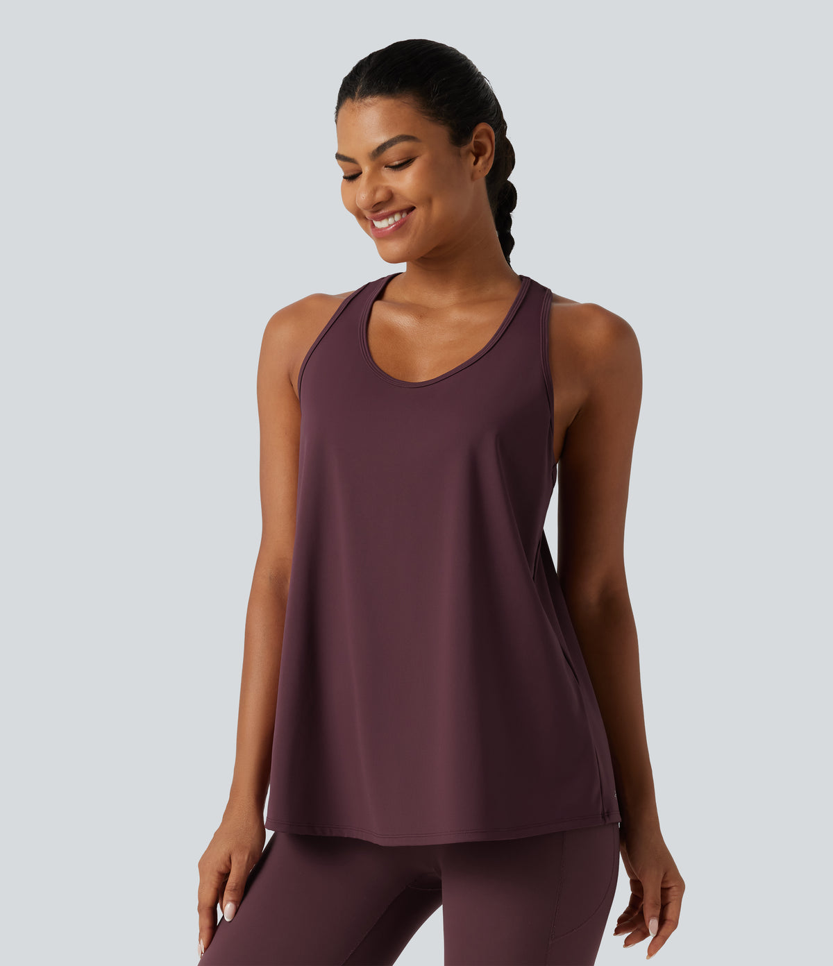 Airy U Neck Ruched Racerback Contrast Lace InstantCool Workout Tank Top-Longer Length — Berry Red — view 3