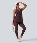 Airy U Neck Ruched Racerback Contrast Lace InstantCool Workout Tank Top-Longer Length — Berry Red — view 7