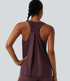 Airy U Neck Ruched Racerback Contrast Lace InstantCool Workout Tank Top-Longer Length — Berry Red — view 1