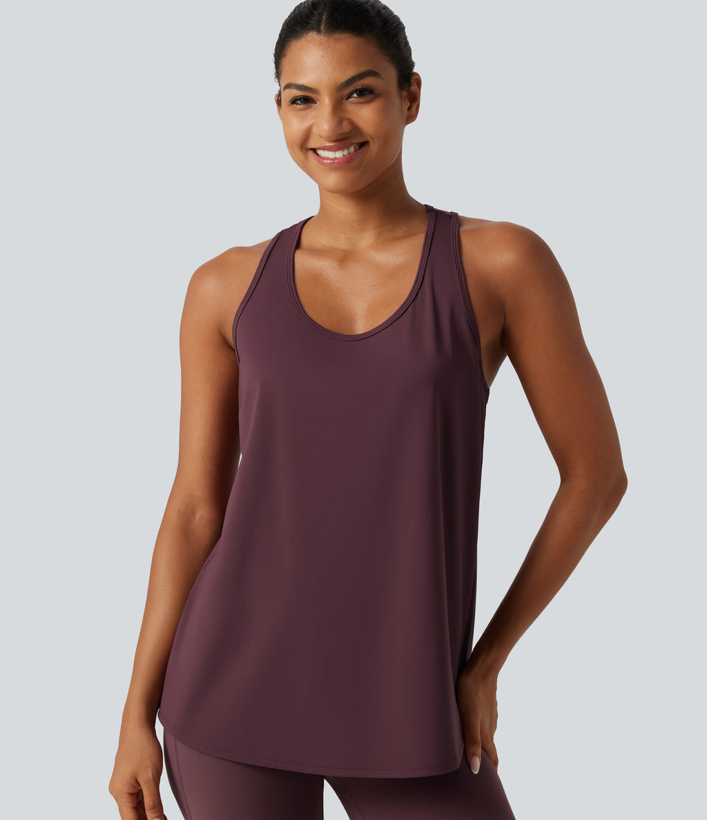 Airy U Neck Ruched Racerback Contrast Lace InstantCool Workout Tank Top-Longer Length — Berry Red — view 5