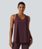 Airy U Neck Ruched Racerback Contrast Lace InstantCool Workout Tank Top-Longer Length — Berry Red — view 2