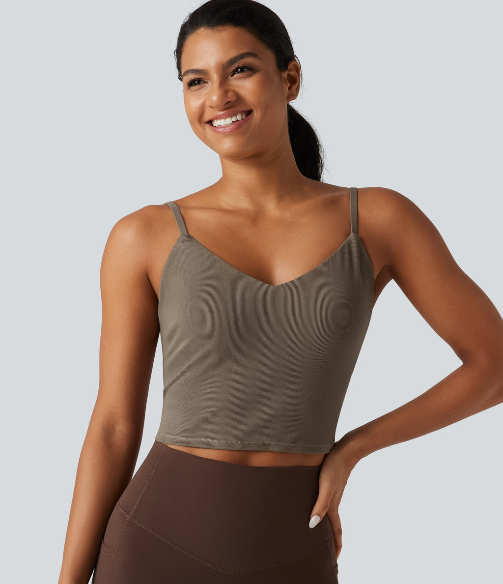 V Neck Built-in Bra Yoga Tank Top — Dawn Brown — view 6