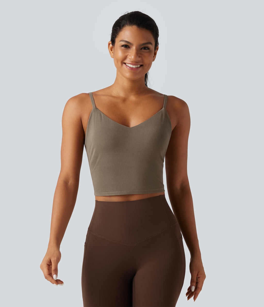 V Neck Built-in Bra Yoga Tank Top — Dawn Brown — view 3