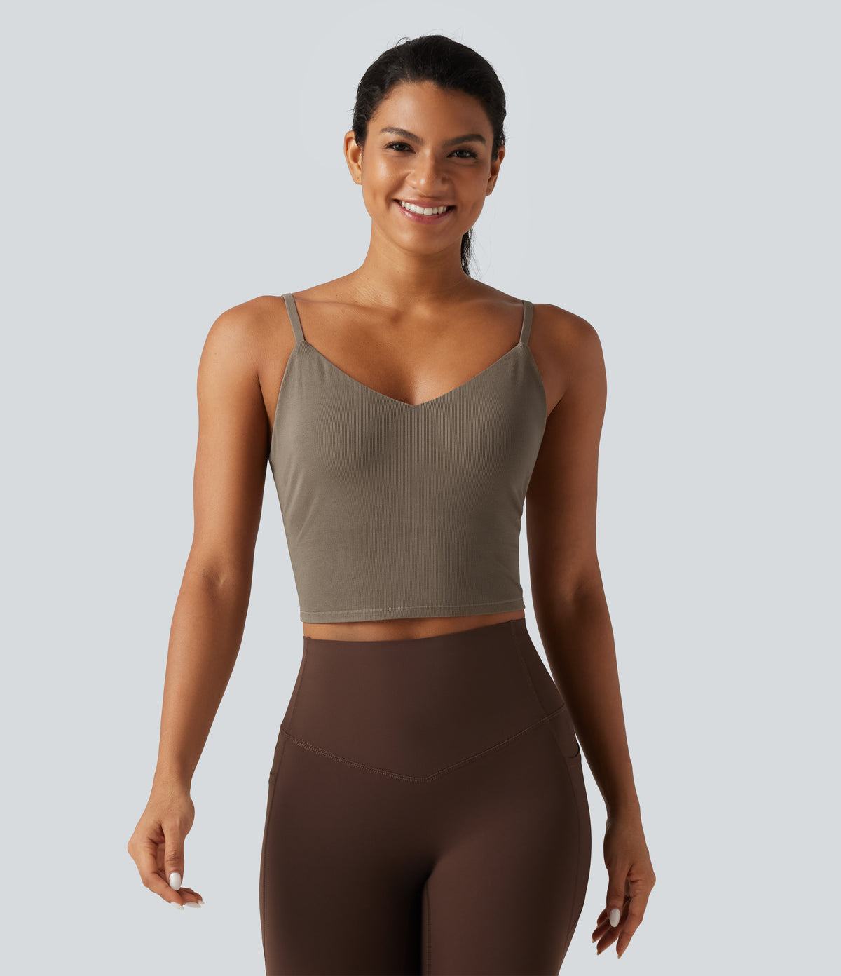V Neck Built-in Bra Yoga Tank Top — Dawn Brown — view 3