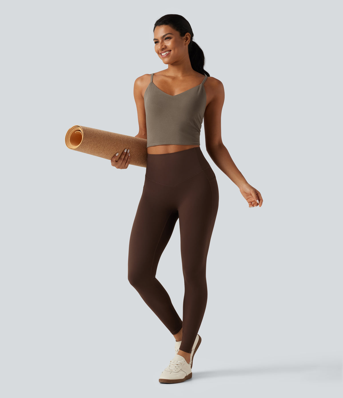V Neck Built-in Bra Yoga Tank Top — Dawn Brown — view 8