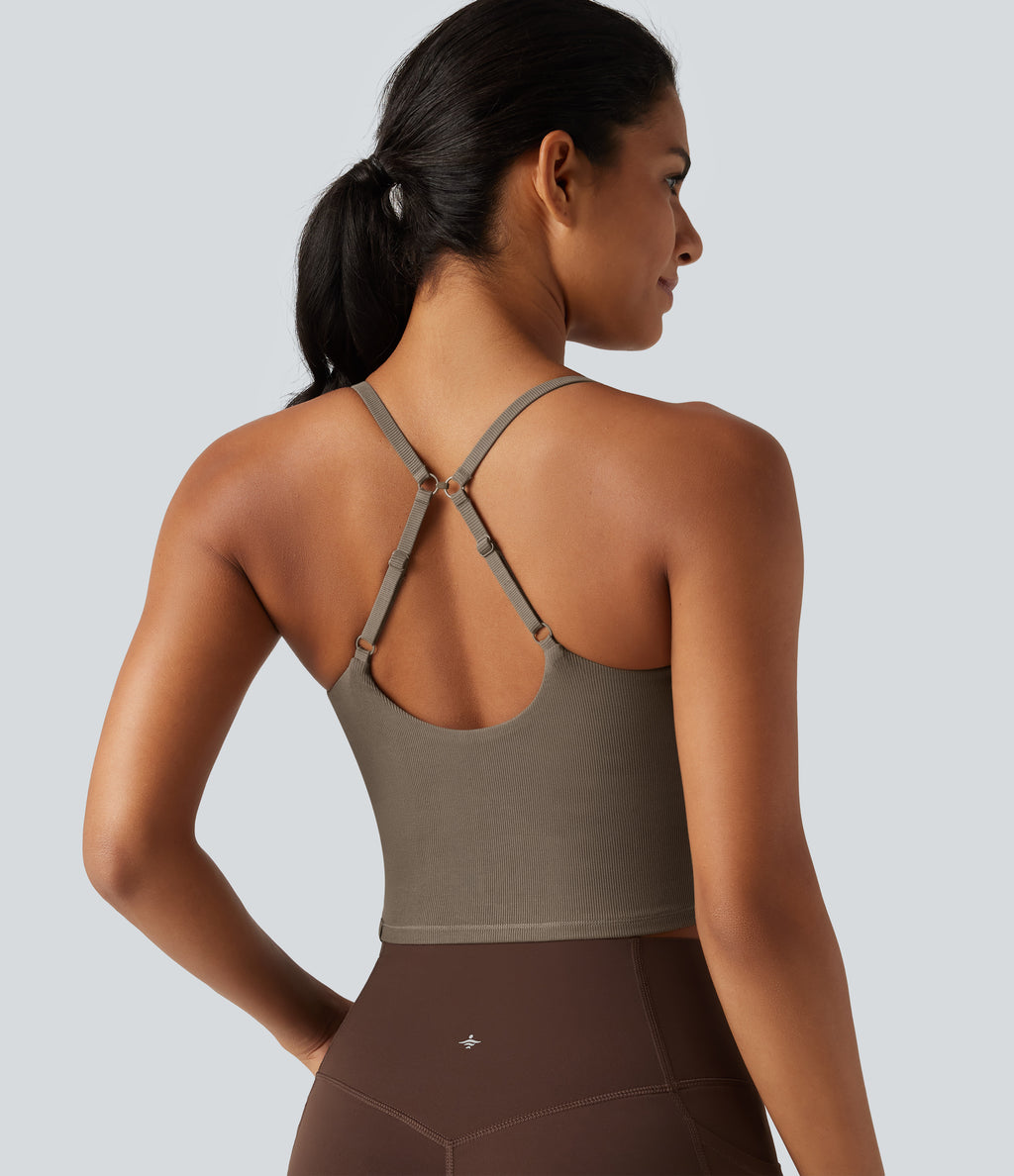 V Neck Built-in Bra Yoga Tank Top — Dawn Brown — view 7