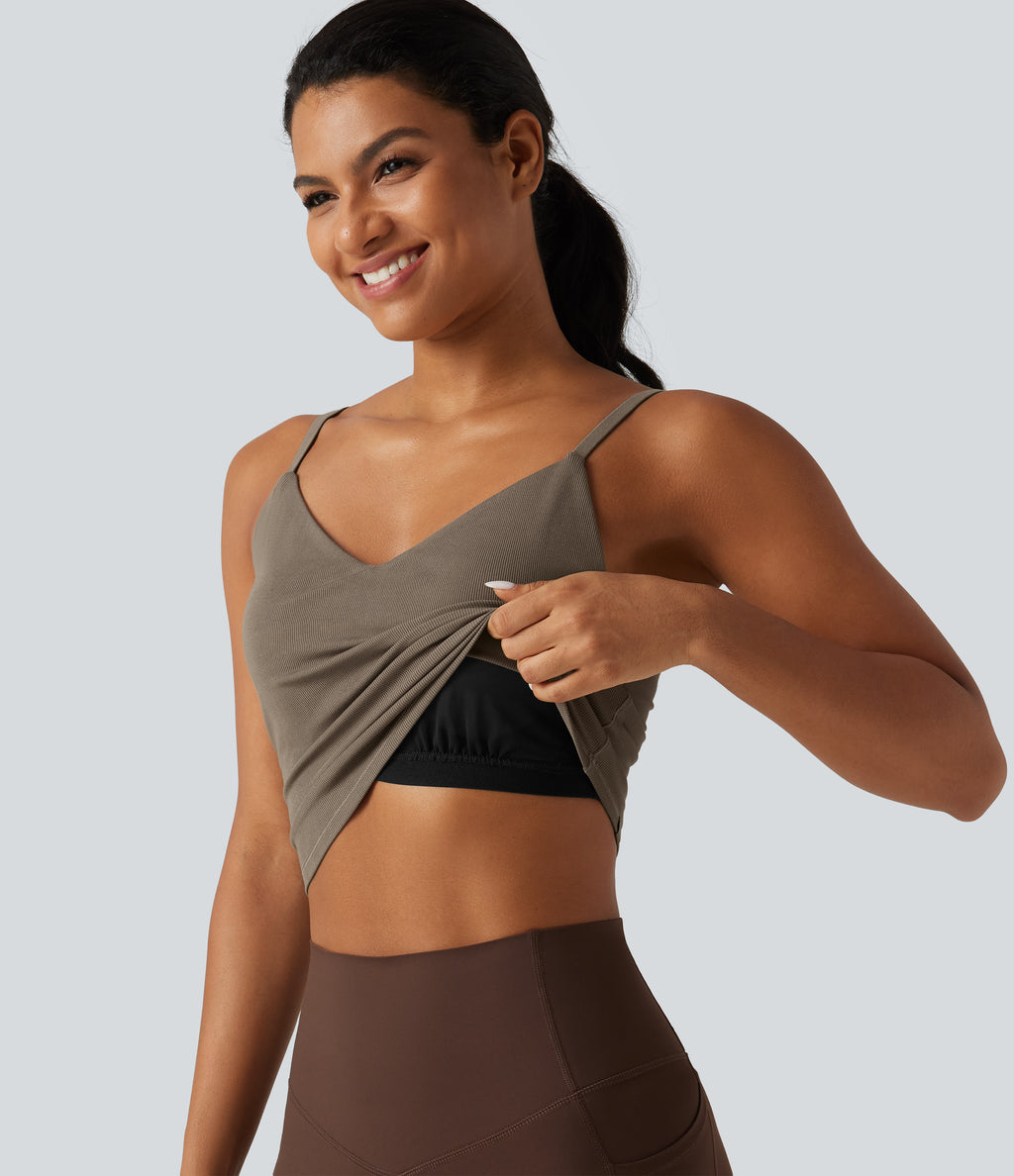 V Neck Built-in Bra Yoga Tank Top — Dawn Brown — view 1