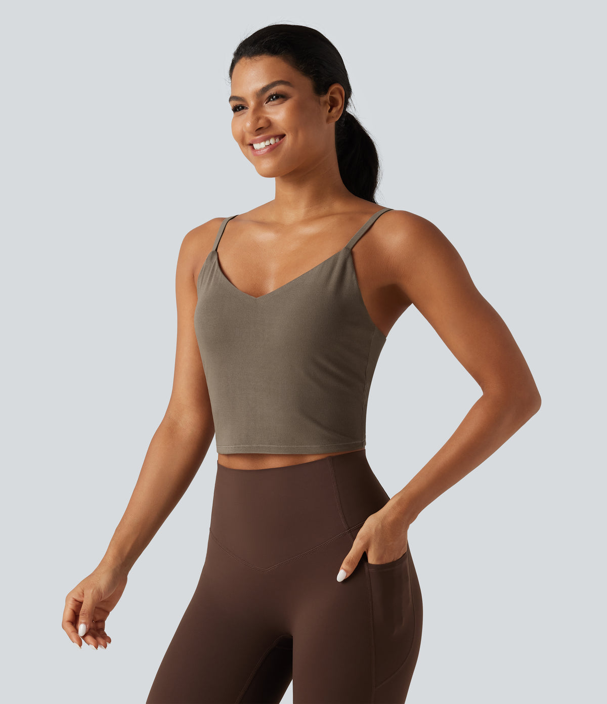 V Neck Built-in Bra Yoga Tank Top — Dawn Brown — view 4