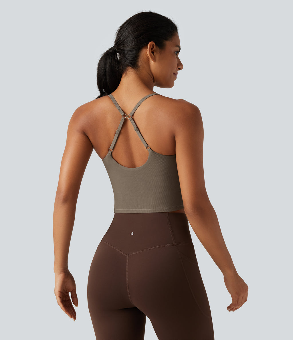 V Neck Built-in Bra Yoga Tank Top — Dawn Brown — view 2