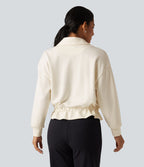 Lapel Collar Long Sleeve Drawstring Gathered Hem Casual Jacket with Pockets — Pristine — view 2