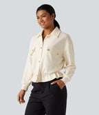 Lapel Collar Long Sleeve Drawstring Gathered Hem Casual Jacket with Pockets — Pristine — view 3