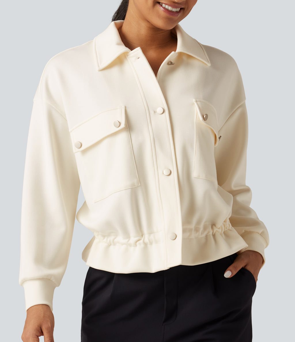 Lapel Collar Long Sleeve Drawstring Gathered Hem Casual Jacket with Pockets — Pristine — view 5