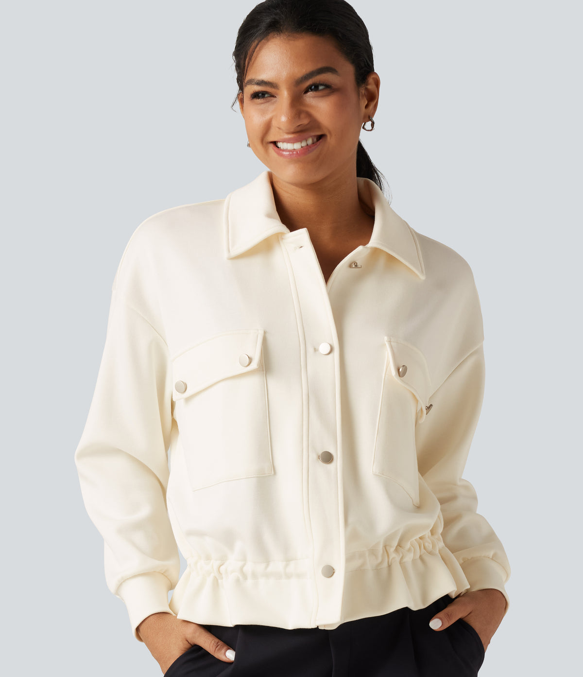 Lapel Collar Long Sleeve Drawstring Gathered Hem Casual Jacket with Pockets — Pristine — view 4