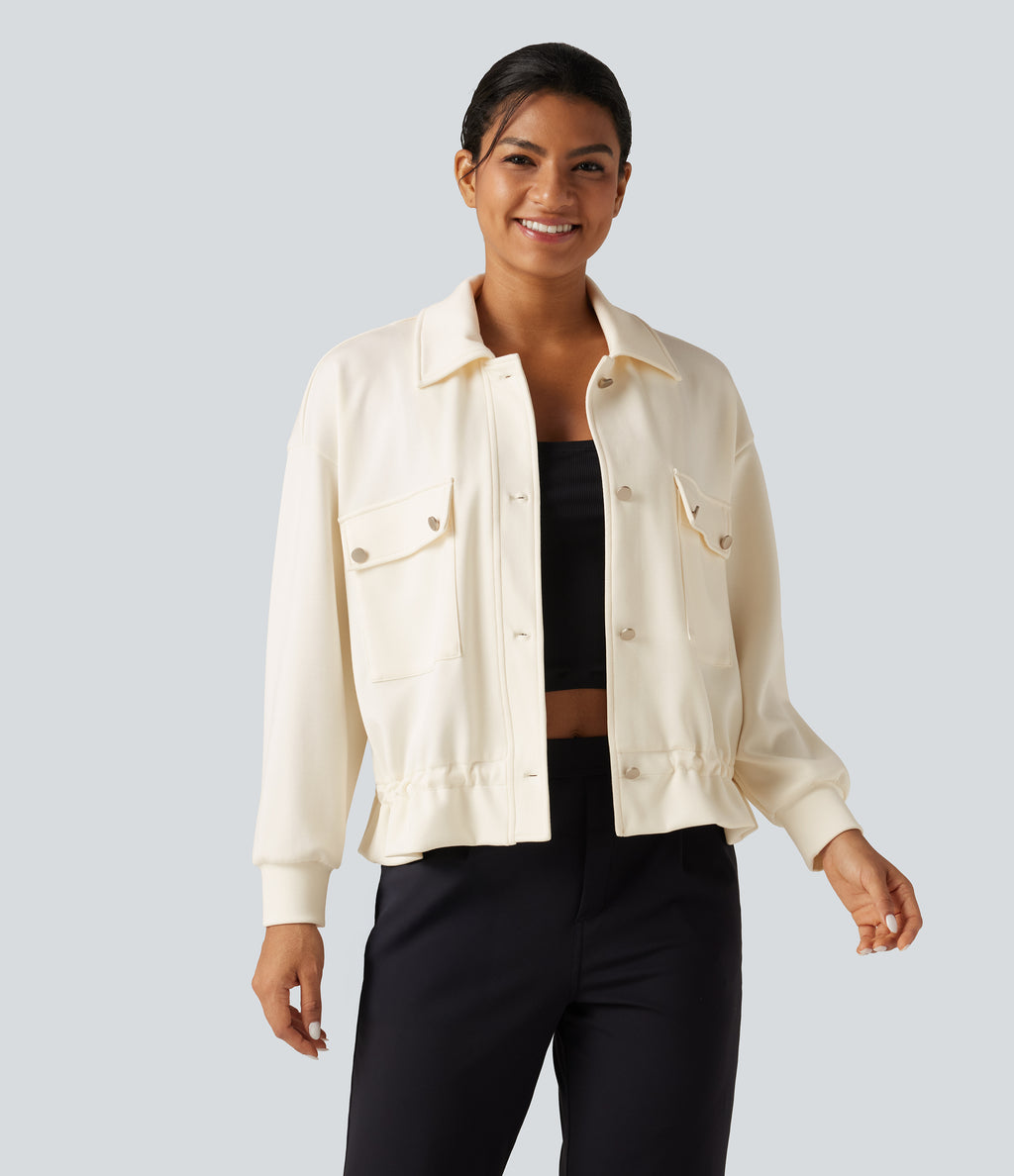 Lapel Collar Long Sleeve Drawstring Gathered Hem Casual Jacket with Pockets — Pristine — view 1