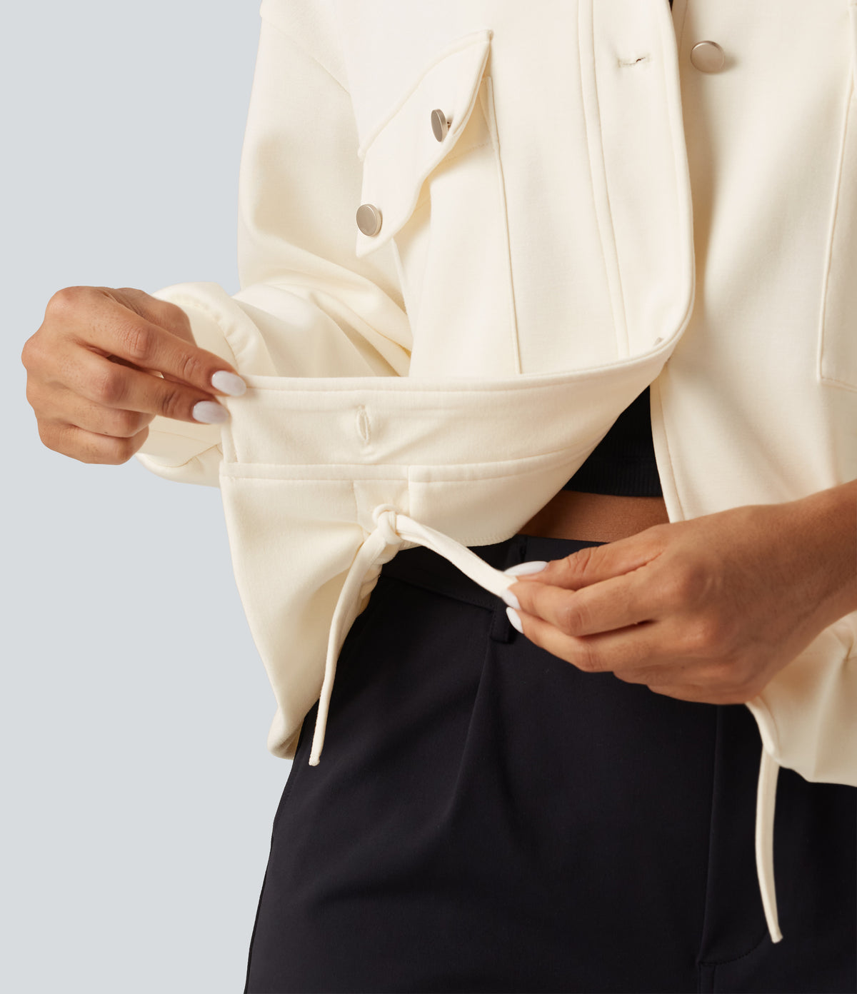 Lapel Collar Long Sleeve Drawstring Gathered Hem Casual Jacket with Pockets — Pristine — view 6