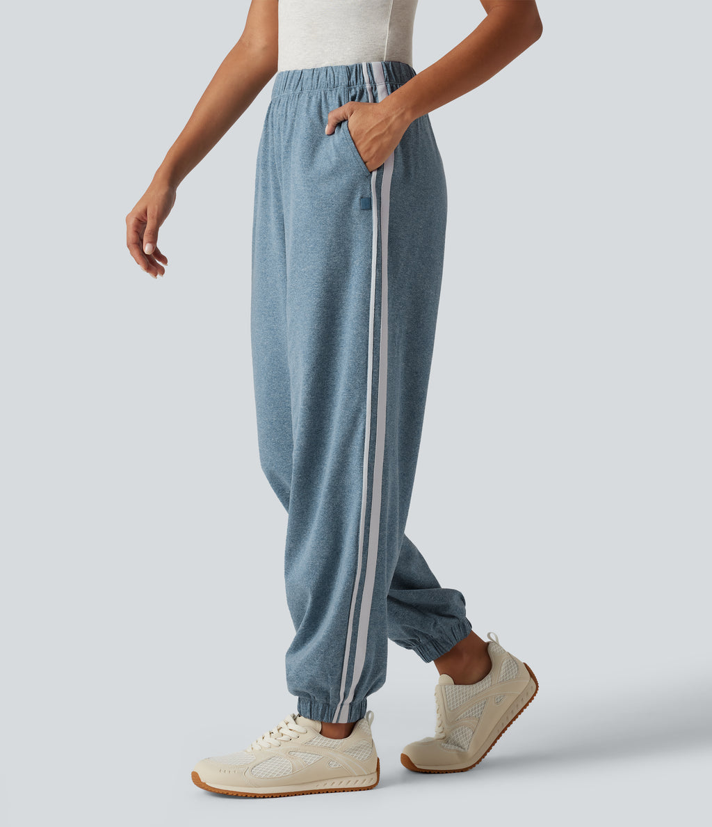 Mid Rise Color Block Casual Joggers with Pockets — Azure Blue Floral Yarn — view 1