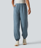 Mid Rise Color Block Casual Joggers with Pockets — Azure Blue Floral Yarn — view 3