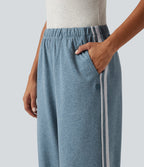 Mid Rise Color Block Casual Joggers with Pockets — Azure Blue Floral Yarn — view 4