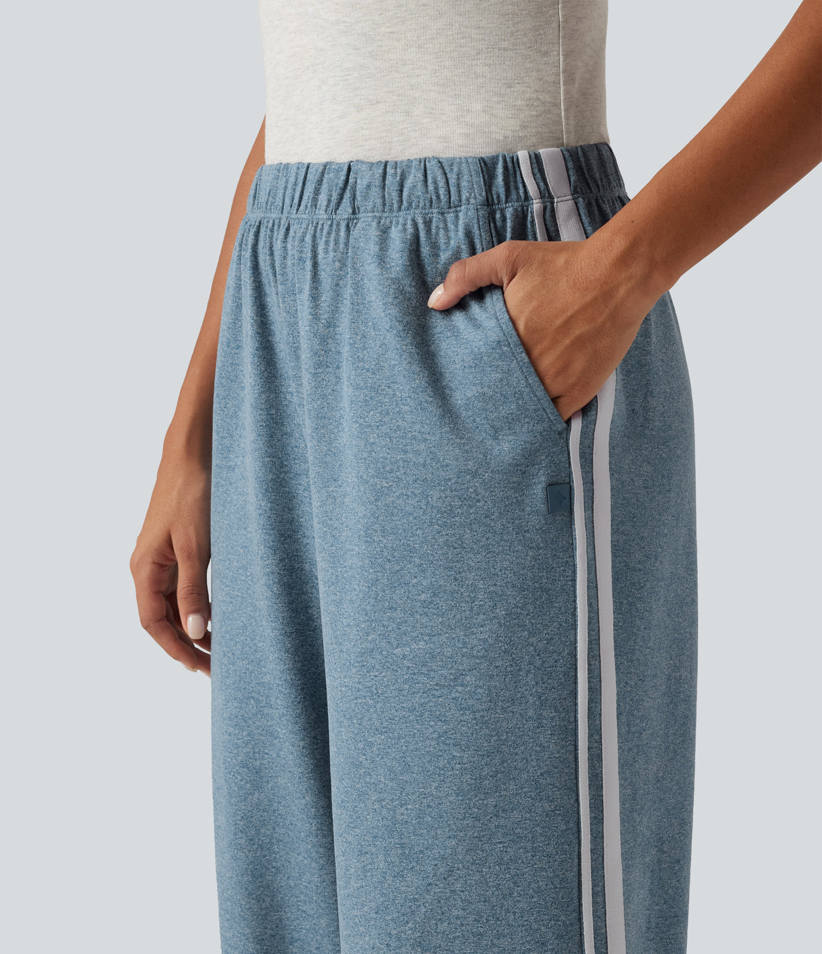 Mid Rise Color Block Casual Joggers with Pockets — Azure Blue Floral Yarn — view 4