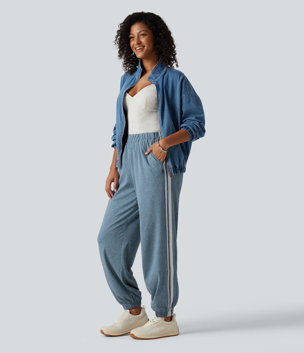Mid Rise Color Block Casual Joggers with Pockets — Azure Blue Floral Yarn — view 7