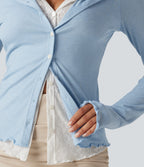 Round Neck Long Sleeve Contrast Lace Party Top — Cloudlight Blue — view 5