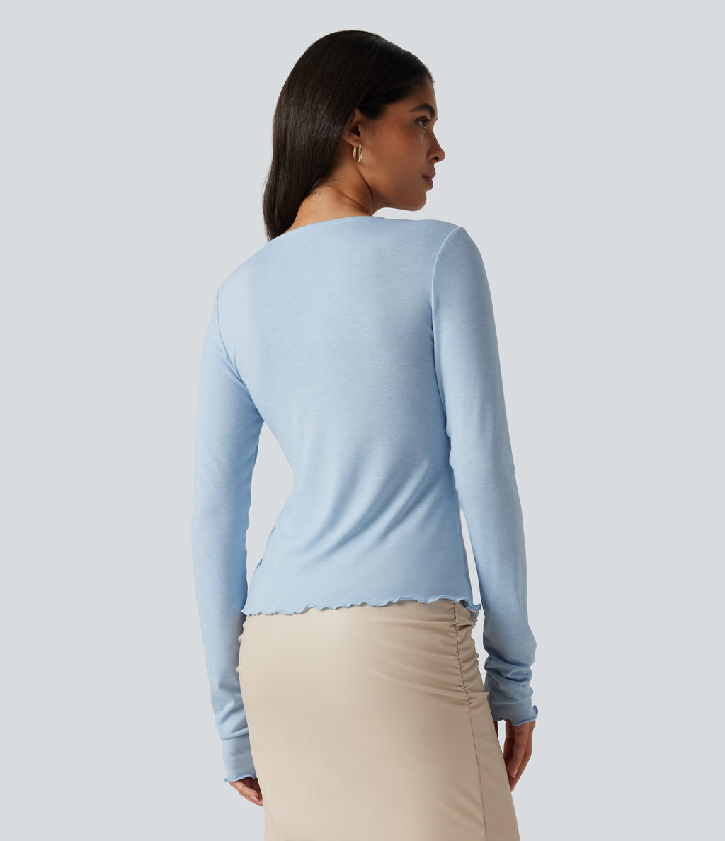 Round Neck Long Sleeve Contrast Lace Party Top — Cloudlight Blue — view 2